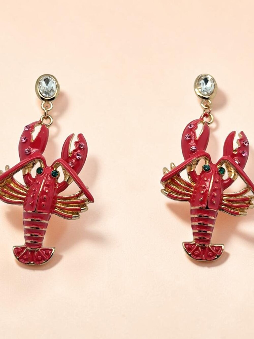 Gold-Tone Enamel and Rhinestone Lobster Dangle Earrings